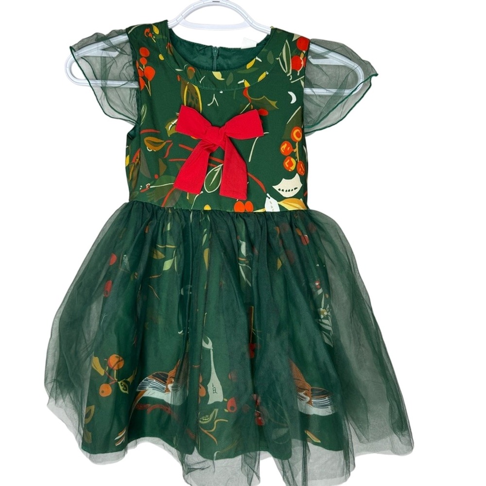 Mini Taylor Girls Green Holiday Dress Sz 4 5 Tulle Birds Holly Bow Formal